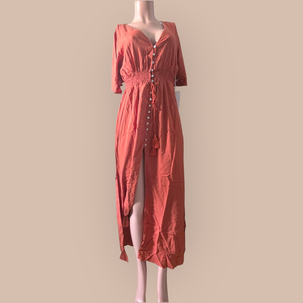Elegant Coral Button-Down Dress
